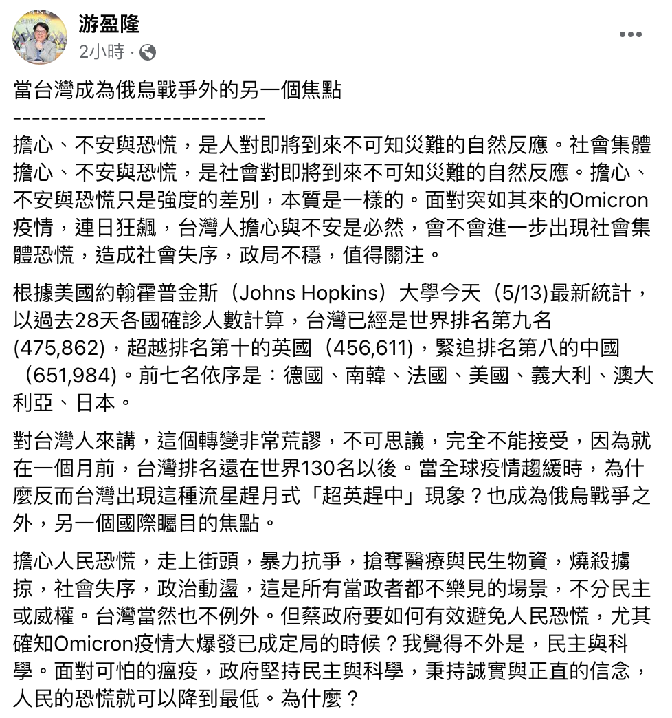 游盈隆今天發文，「當台灣成為烏俄戰爭外的另一個焦點」。（圖／翻攝自游盈隆臉書）