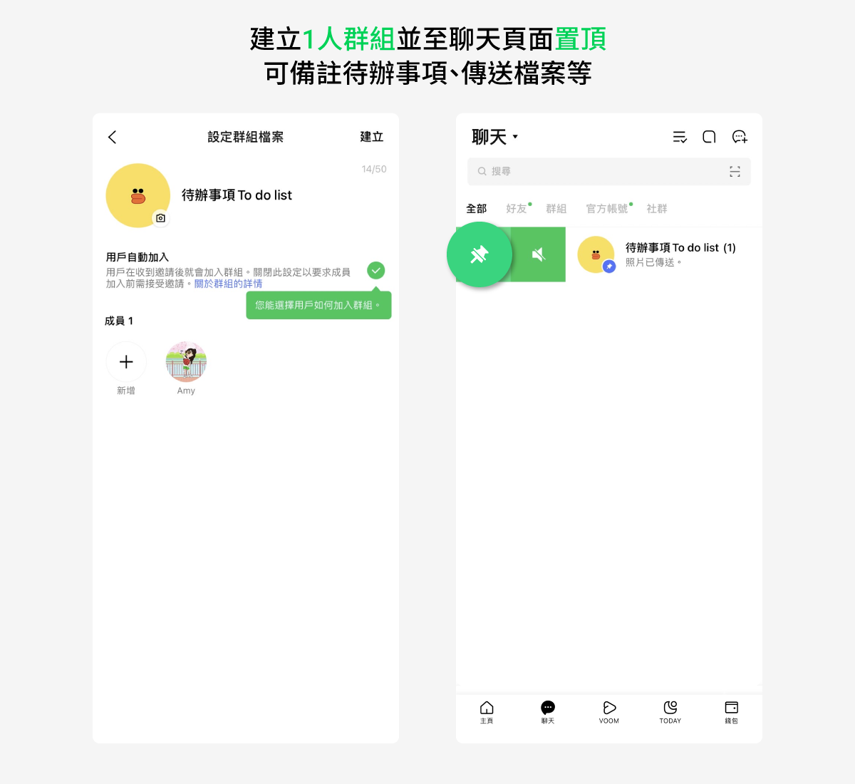 建立1人群組,並設置置頂,可標註待辦事項、傳送檔案。(圖/翻攝自LINE官網)