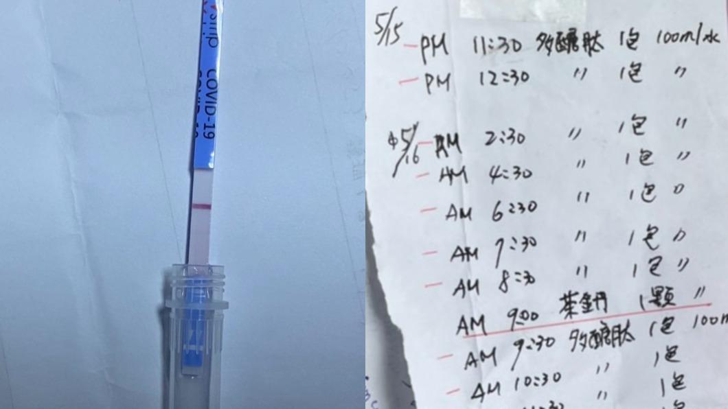 長照中心拿出老翁第一天快篩陰性證明,並表示隔日家屬拿藥要求給老翁每小時服用。(圖/長照中心提供)