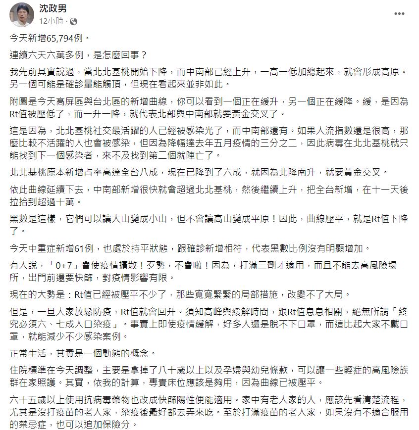 沈政男分析，0+7居隔新制並不會讓疫情擴大。（圖／翻攝自沈政男臉書）