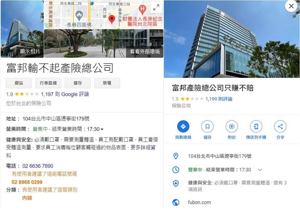 富邦產險總公司的Google地標被刷一星負評。(圖/翻攝自Google)