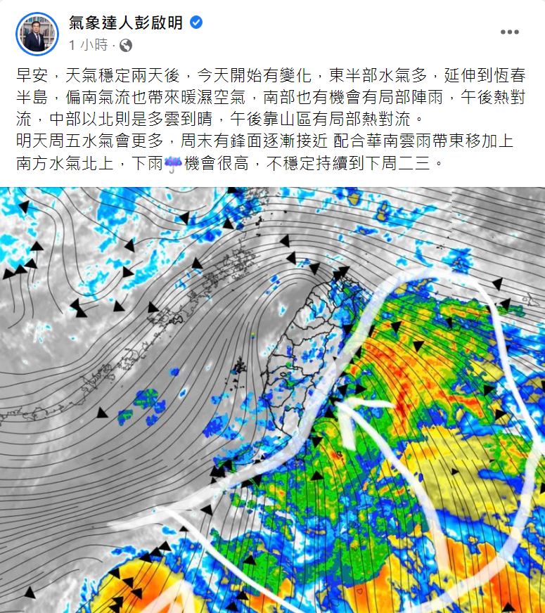 彭啟明直言,今日開始有變化。(圖/翻攝自氣象達人彭啟明臉書)