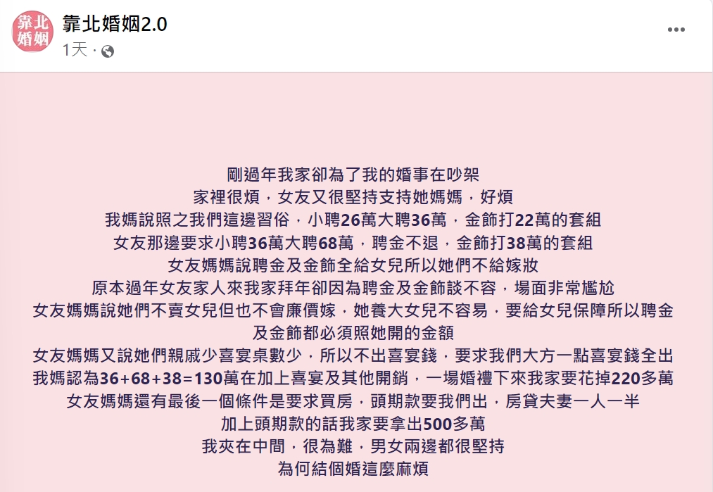 原PO公開女友媽媽的要求,感嘆結個婚好麻煩。(圖/翻攝自靠北婚姻2.0)