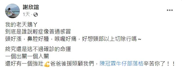 陳冠霖老婆透露自身症狀。(圖/翻攝自謝欣誼臉書)