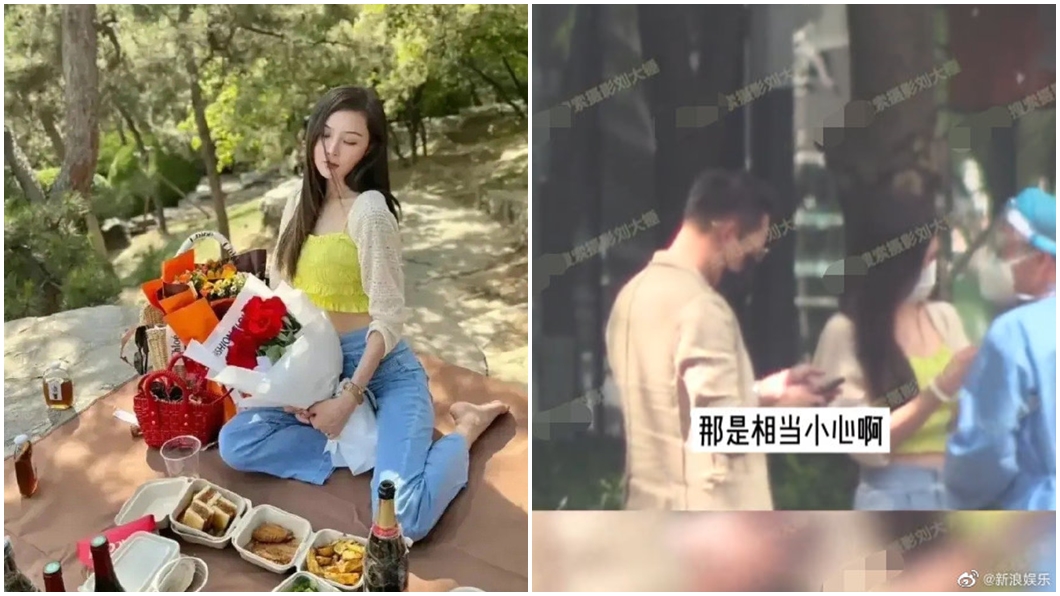 張穎穎穿黃色小可愛搭白罩衫去PCR,和野餐照穿同款(右)。(圖/翻攝張穎穎微博、新浪娛樂微博)