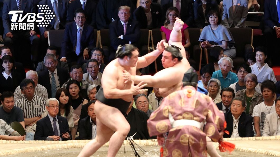川普和安倍坐在一起看相撲比賽。(圖/達志影像路透社)