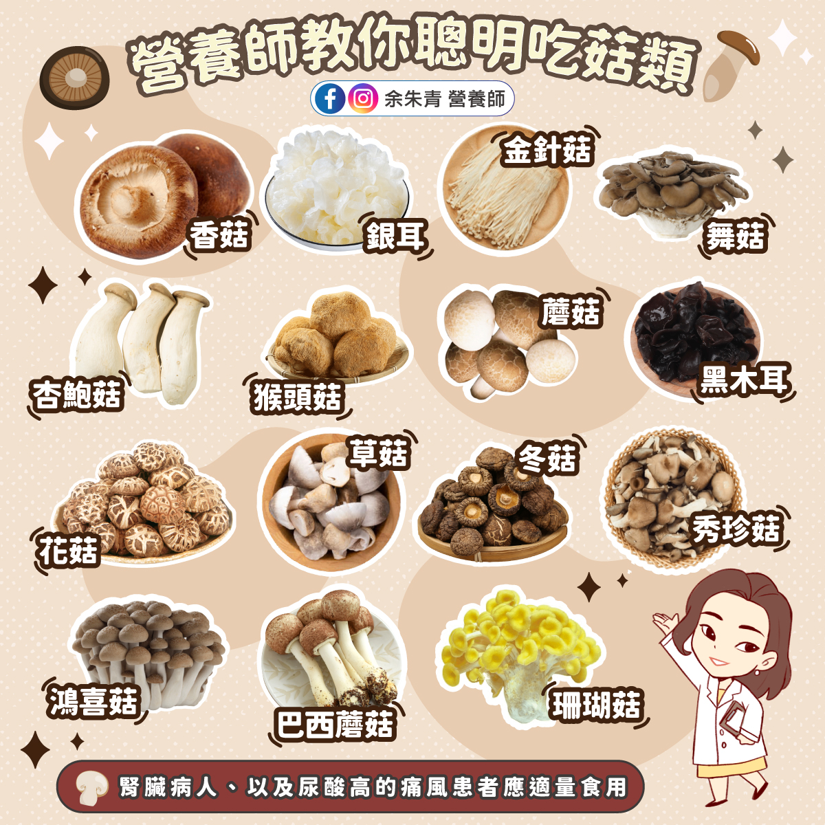 余朱青整理出富含營養的菇種類，供民眾做參考。（圖／翻攝自余朱青營養師臉書）
