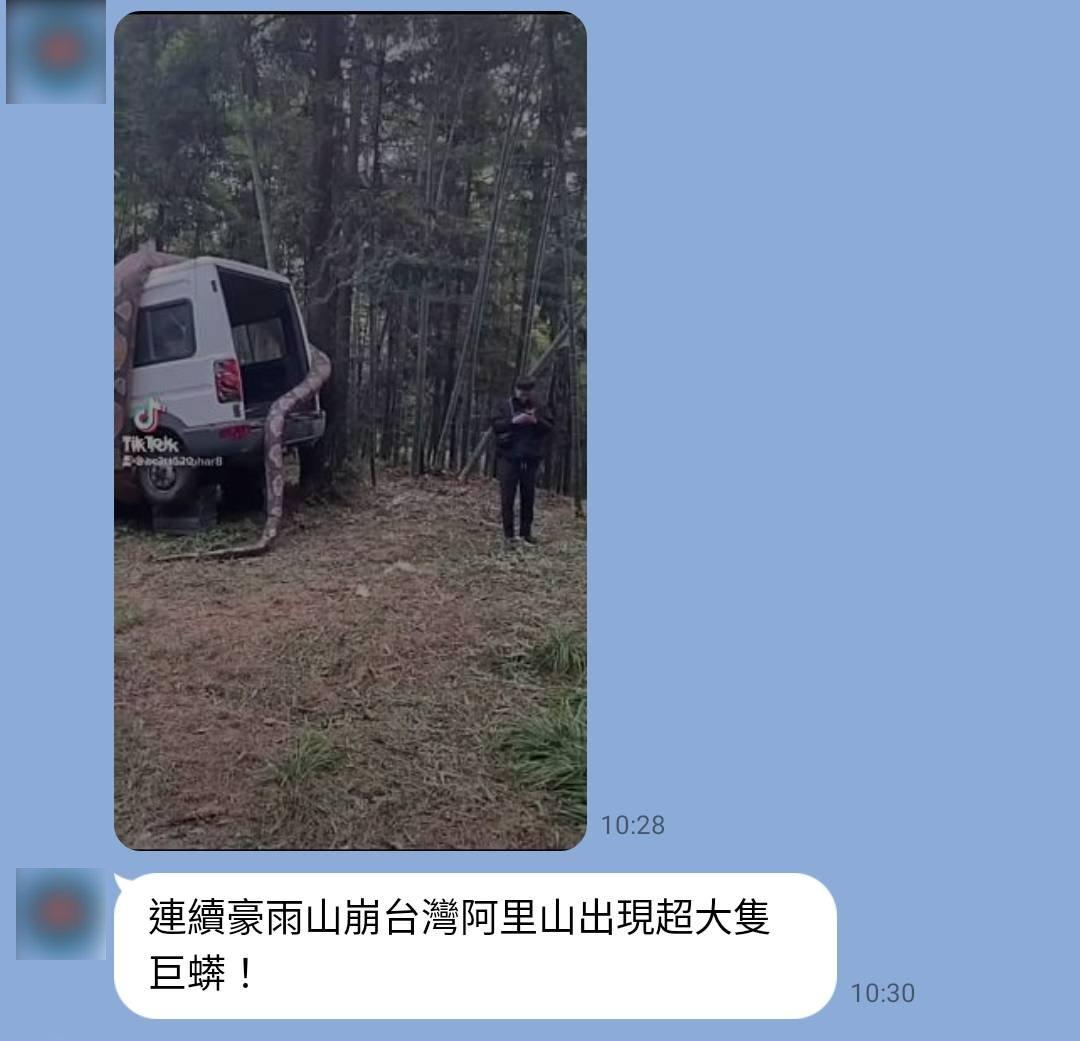 近日LINE群組流傳巨蟒影片。(圖/翻攝自台灣事實查核中心)