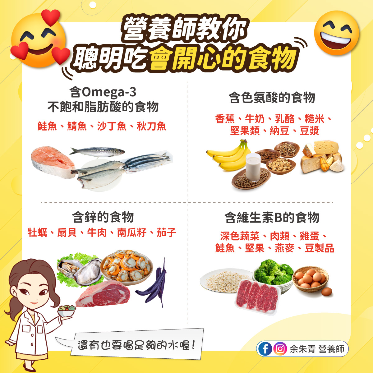 余朱青營養師統整出４大類能讓心情變開心的食物。（圖／翻攝自余朱青臉書）