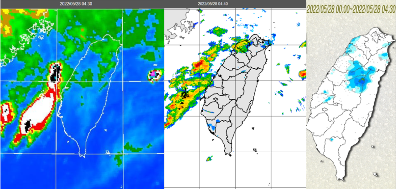 今(28)日晨4:30紅外線色調強化雲圖顯示,「滯留鋒」雲帶逐漸北移,台灣海峽有對流雲(左圖);4:40雷達回波合成圖顯示,伴隨降水回波,向陸地靠近(中圖);4:30累積雨量圖顯示,中部以北及東北部局部降雨,其他地區雨很零星(右圖)。(圖/翻攝自三立準氣象· 老大洩天機)