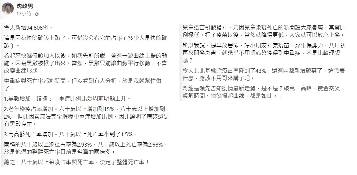 精神科醫師沈政男認為,整體死亡率要看80歲以上這個年齡層的數據。(圖/翻攝自沈政男臉書)