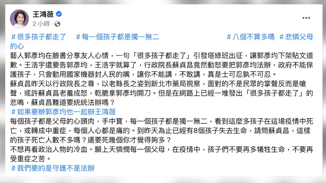 國民黨台北市議員王鴻薇聲援郭彥均。(圖/翻攝王鴻薇臉書)