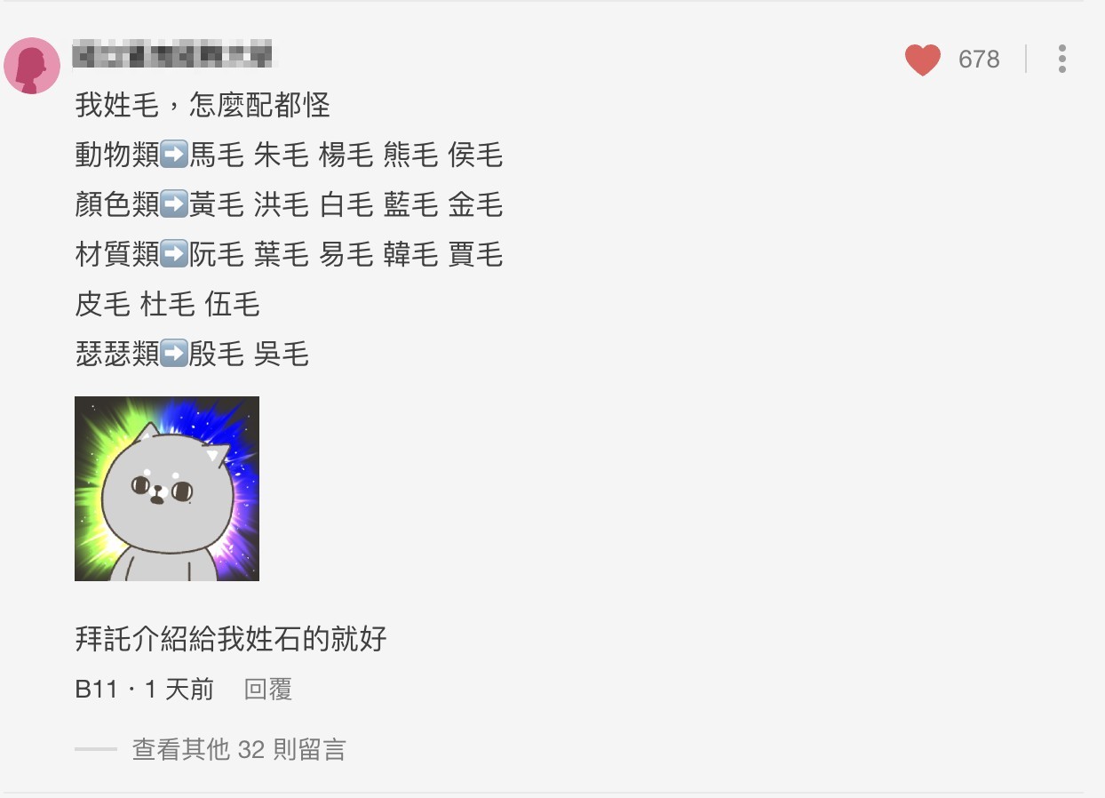 有名女網友表示,自己姓毛配上什麼姓氏都不太對。(圖/翻攝自Dcard)