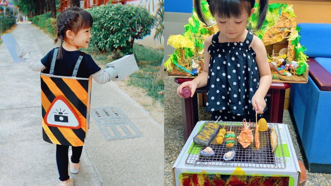 馮媛甄幫女兒製作測速照相機服裝、烤肉攤位。(圖/馮媛甄提供)