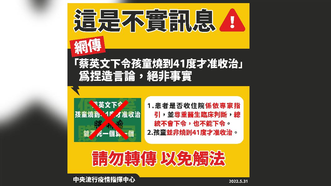 蔡英文下令孩童高燒41度才准收治?指揮中心:不實謠言