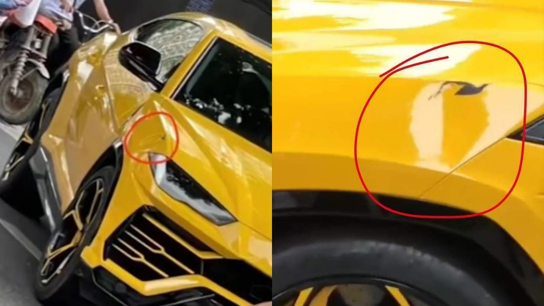 藍寶堅尼車身右前方明顯被撞出一個凹洞且脫漆。(圖/翻攝自網易新聞)