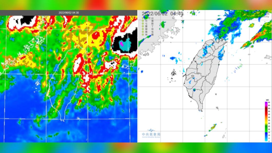今(2)日4:30紅外線色調強化雲圖顯示,台灣上空僅有一些消散中的高空卷雲(左);4:40雷達回波合成圖顯示,陸地上無降水回波(右)。(圖/翻攝自吳德榮專欄)
