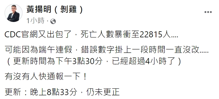 媒體人黃揚明懷疑是端午連假，導致無人修正。（圖／翻攝自黃揚明臉書）