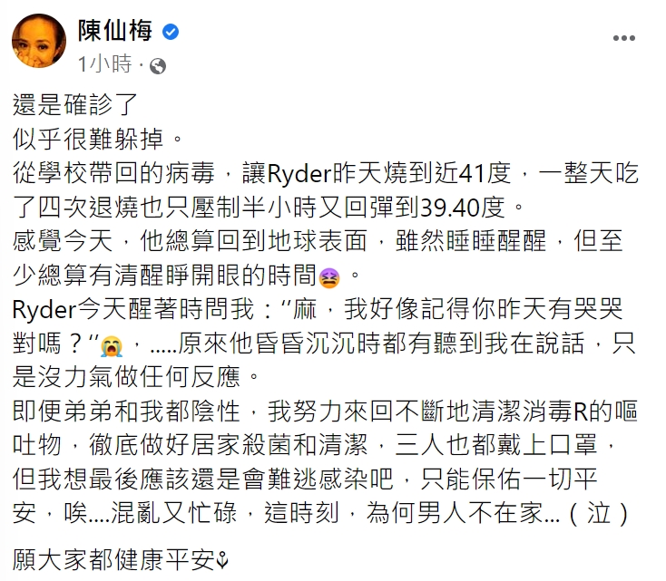 孩子確診老公又不在家，令陳仙梅心力交瘁。（圖／翻攝自陳仙梅臉書）