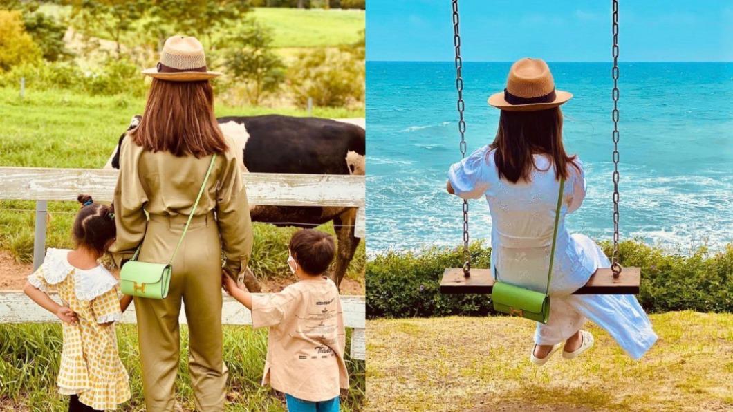 昆凌揹著愛馬仕的Constance To Go帶小孩環島。(圖/翻攝自昆凌IG)