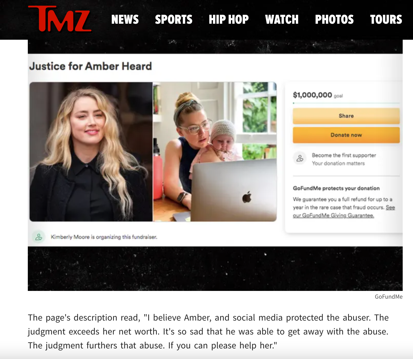 《TMZ》報導,募資網站將為安柏募資的活動撤下。(圖/翻攝自美媒《TMZ》)