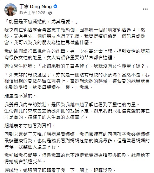 丁寧不捨母親。(圖/翻攝丁寧臉書)