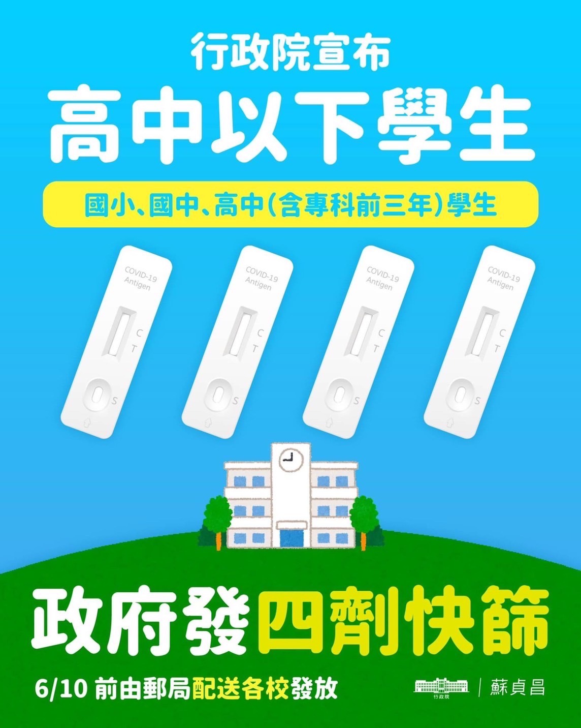 行政院宣布高中以下學生,政府將發4劑快篩。(圖/行政院)