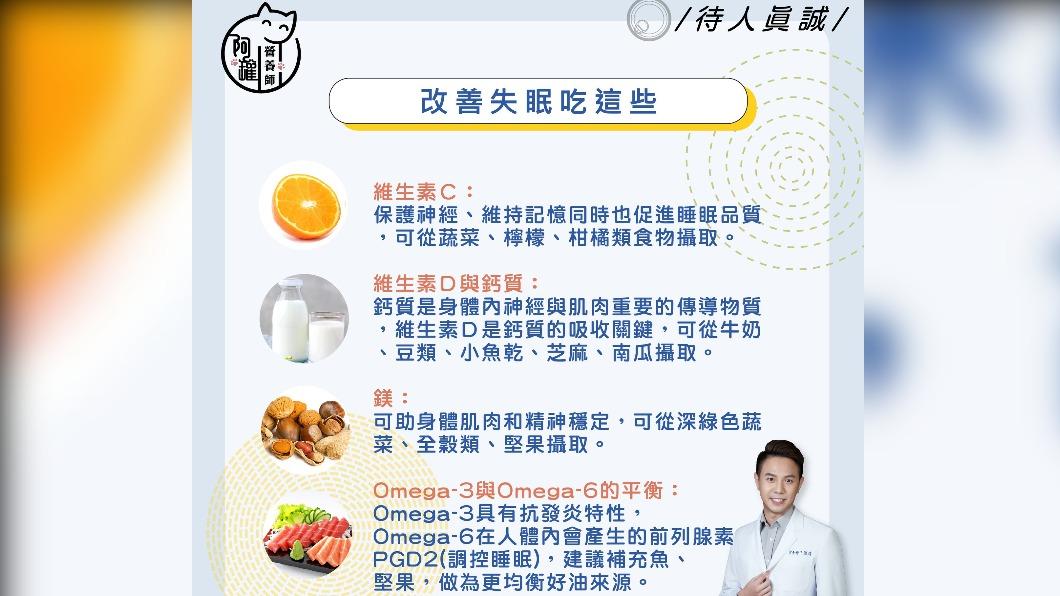 改善失眠吃這些。(圖/翻攝自營養小當家_阿罐營養師臉書)