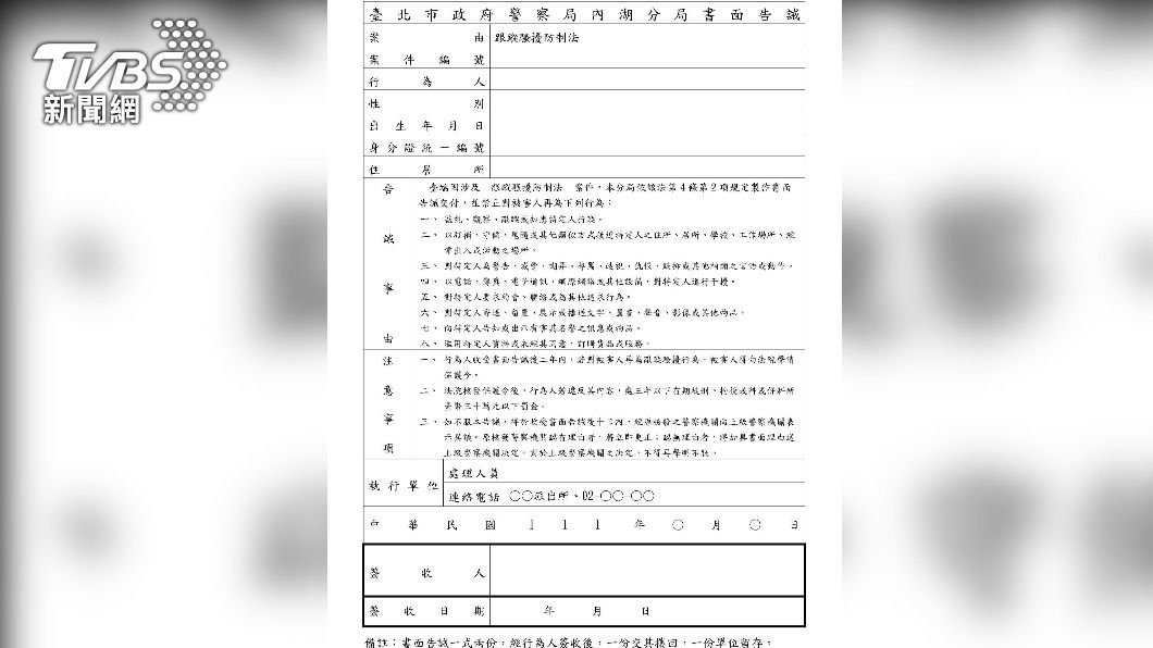 警方開立告誡書。(圖/TVBS)