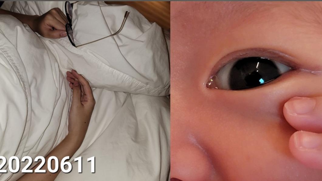 黃子佼貼出孟耿如累癱睡著側拍（左）及女兒大眼近拍照。（圖／翻攝自黃子佼臉書）