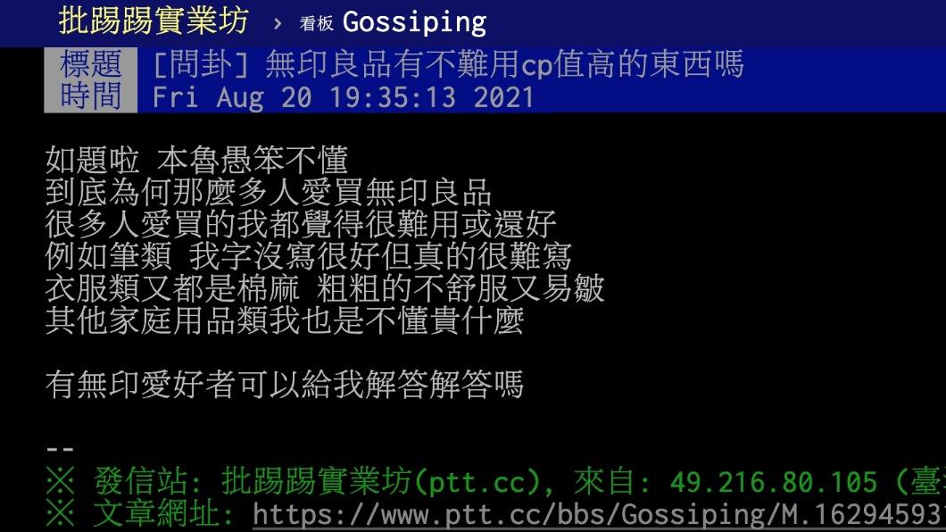 原Po希望網友推薦無印良品不難用、CP值高的東西。(圖/翻攝自PTT)