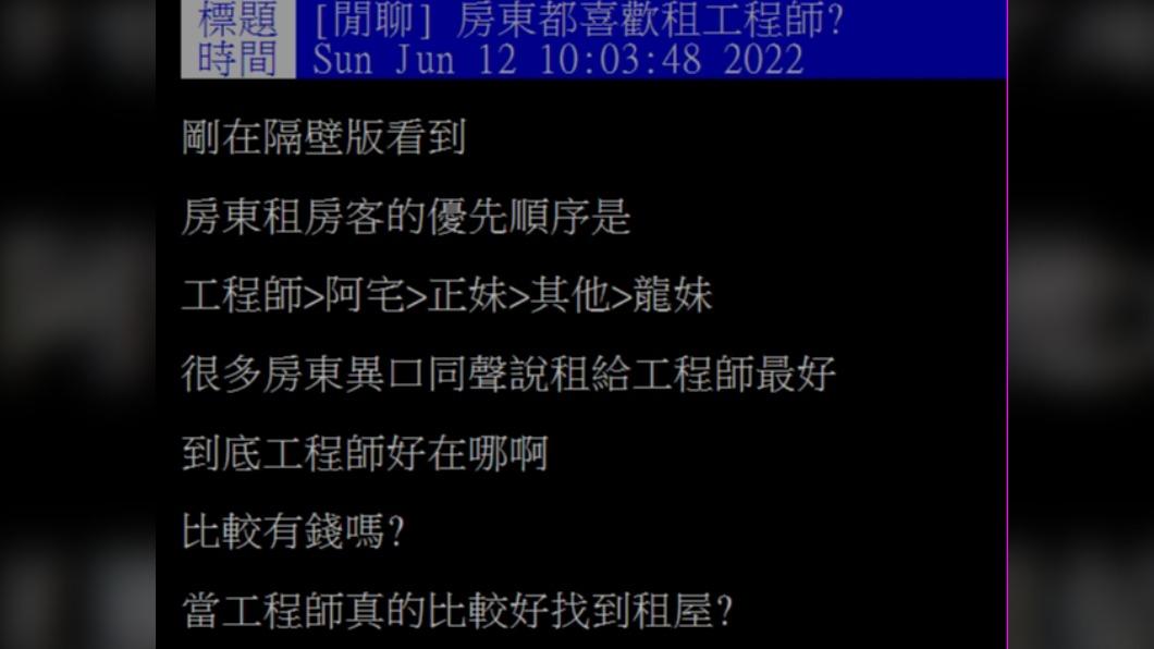 有網友詢問為何房東愛租給工程師。（圖／翻攝自PTT）