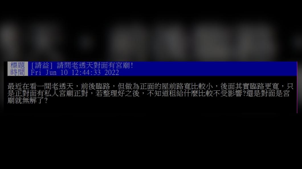 原PO詢問若買房對面有宮廟該租給誰。(圖/翻攝自PTT)