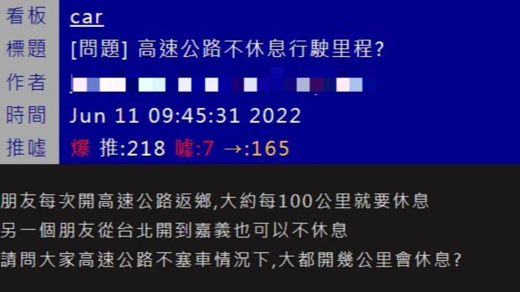 原PO好奇大家開國道都幾公里休息一次。(圖/翻攝自PTT)