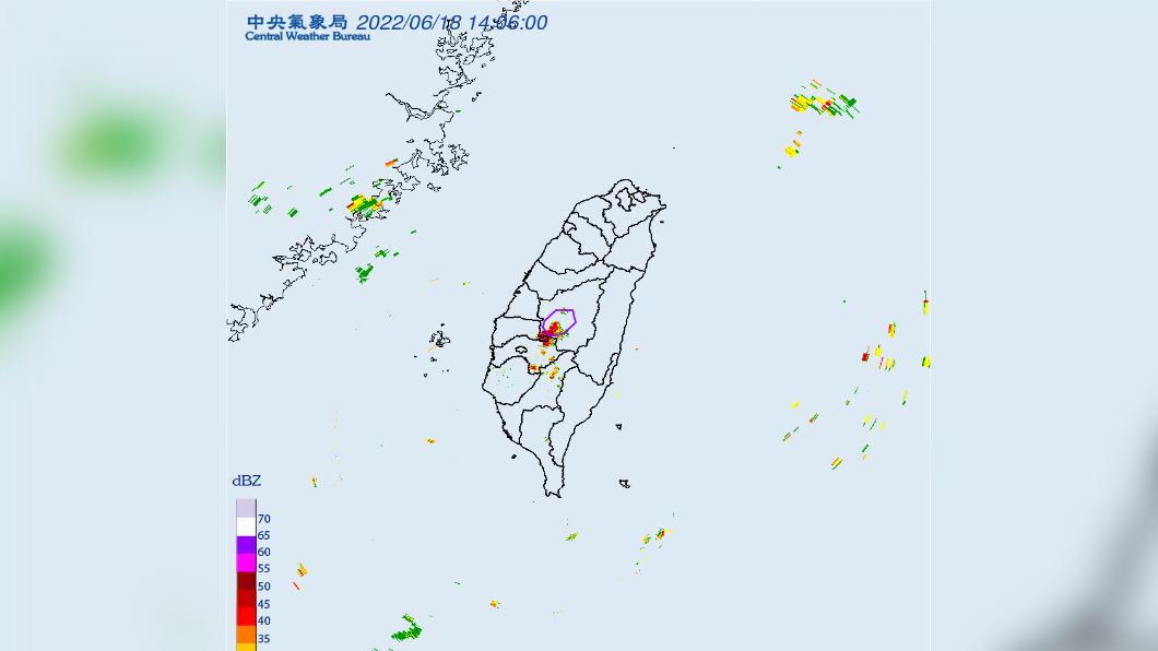 氣象局今針對南投縣發布大雷雨即時訊息。（圖／氣象局提供）