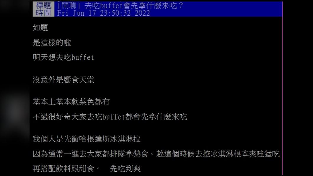 原PO好奇詢問網友「去吃buffet都會先拿什麼來吃」。(圖/翻攝自PTT)