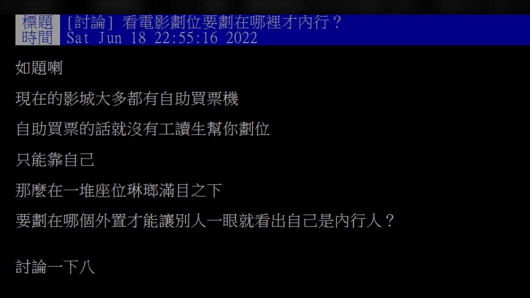 有網友好奇詢問電影院該坐哪比較內行。(圖/翻攝自PTT)