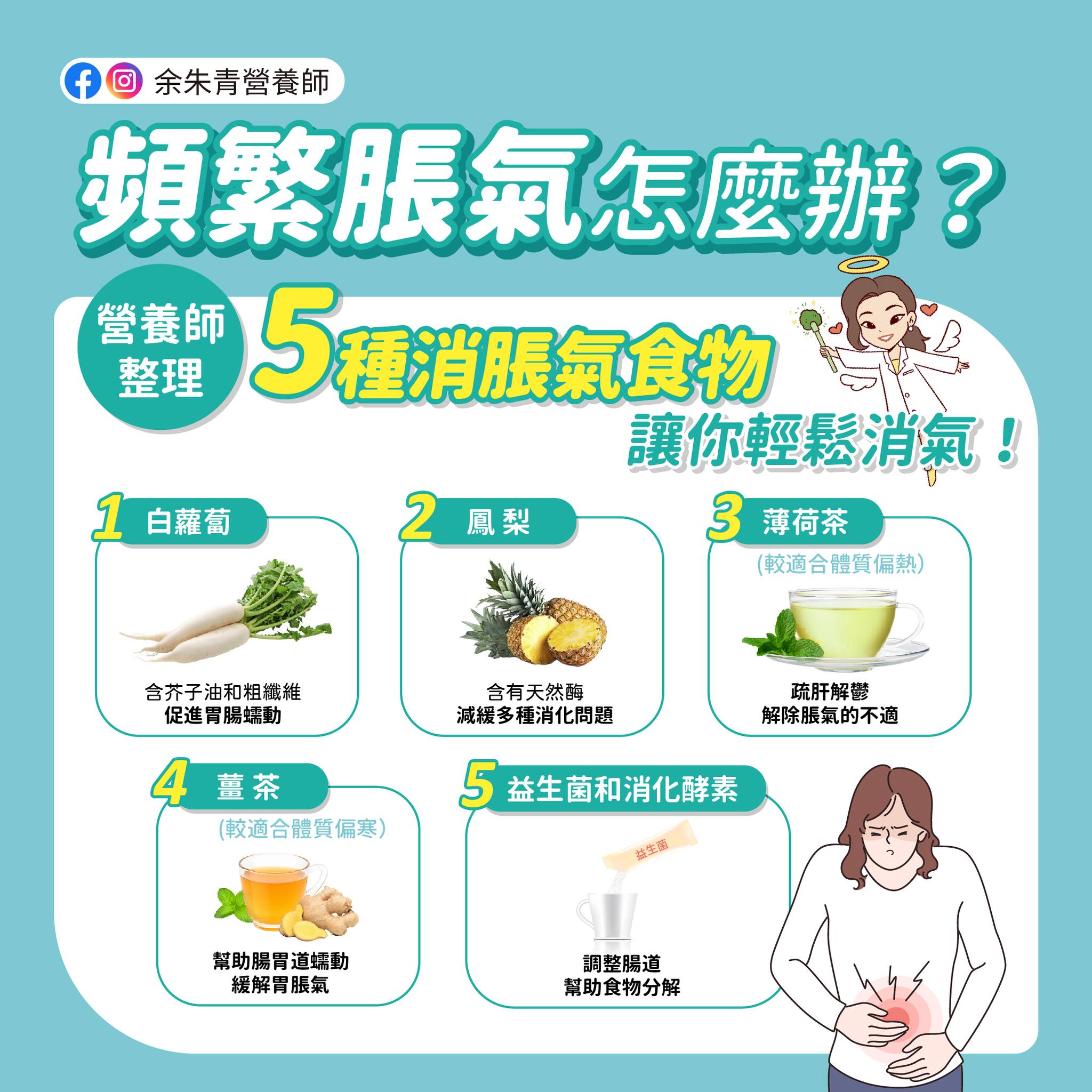 余朱青分享5種幫助消化的食物。(圖/翻攝自余朱青臉書)