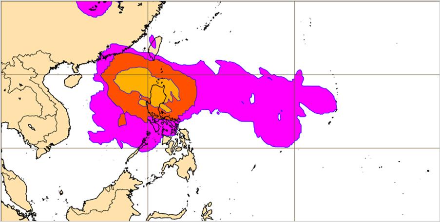 台灣附近有熱帶擾動發展的機率。（圖／ECMWF）