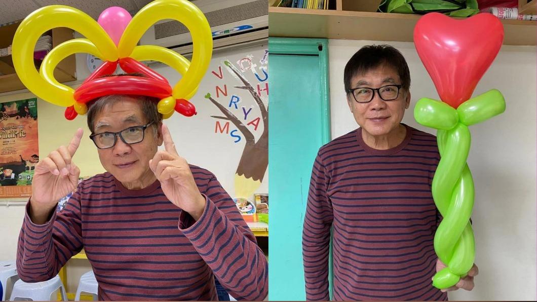 梁修身為孫子拜師學藝去學摺氣球。(圖/翻攝自梁赫群臉書)