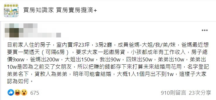 弟弟出錢最少父母卻要把房子登記在他名下讓網友們看傻眼。（圖／翻攝自臉書社團「買房知識家 買房賣房攏滴＋」）