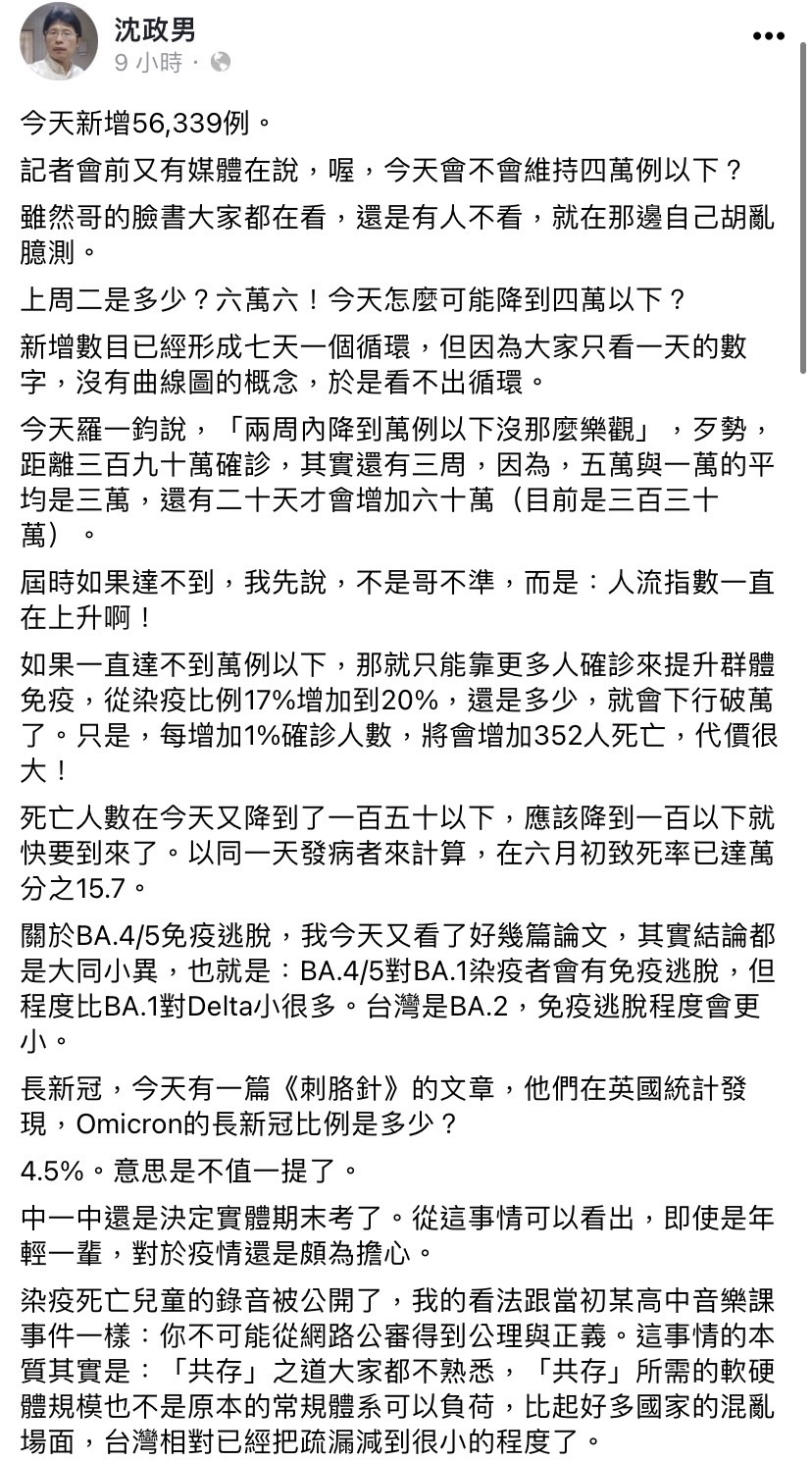 精神科醫師沈政男對於疫情提出新看法。（圖／翻攝自沈政男臉書）