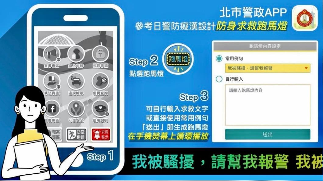 -臺北市保大員警宣導民眾下載「北市警政APP」,即時運用「視訊報案、警示跑馬燈、求救鈴」等功能,加強即時自我保護能力。