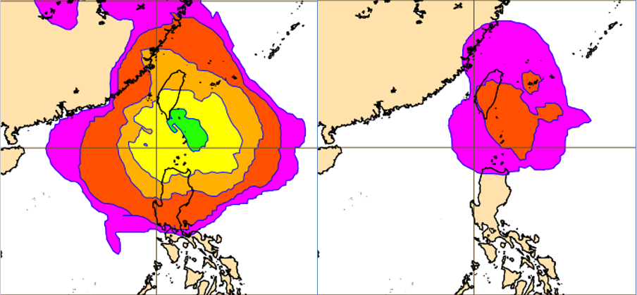 台灣東南方海域有「熱帶擾動」的機率,已調高至50%(圖左);模擬其發展成颱的機率仍偏低(圖右)。(圖/翻攝自吳德榮專欄)