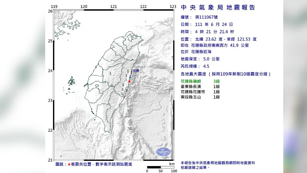 花蓮近海地震規模4.5 最大震度花蓮縣3級