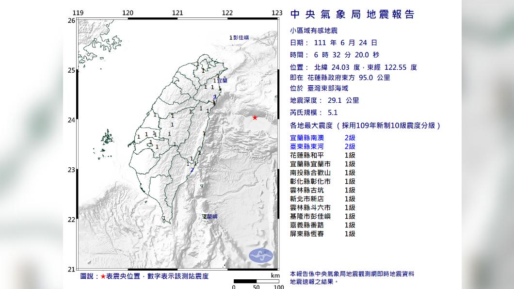 又震!東部外海規模5.1地震 10縣市有感