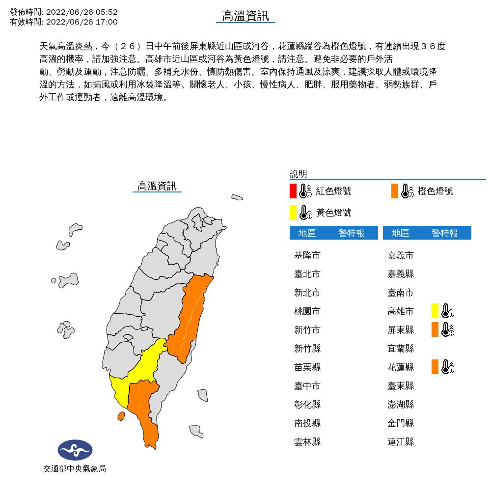 3縣市發布高溫資訊。。(圖/中央氣象局)