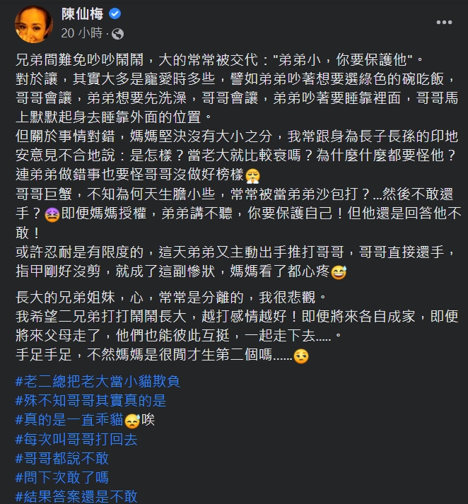陳仙梅在臉書分享大兒子總被小兒子欺負。(圖/翻攝自陳仙梅臉書)