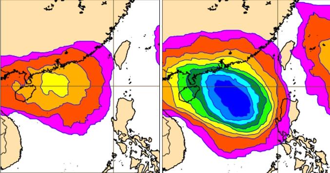 週六南海發展熱帶擾動機率達90%,成颱機率調高至40%。(圖/ECMWF)