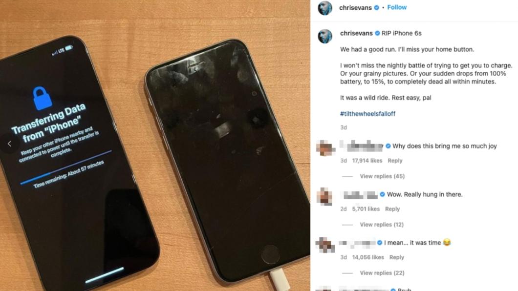 克里斯伊凡發文悼念舊愛 iPhone 6s。（圖／翻攝自chrisevans IG）